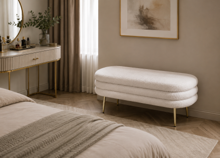 TABURETE - Scaun tapițat ZW026047 alb, picioare aurii, material pufos, 100x40x40 cm