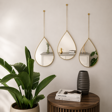 OGLINZI - Set 3 oglinzi suspendate lacrimă LX3, metal auriu cu lanț, 27,5×19 cm