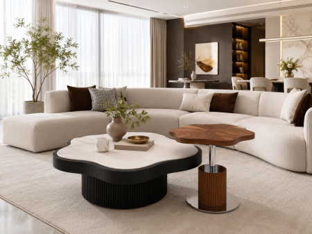 MASUTE CAFEA - Set măsuțe de cafea Model 231 din lemn alb, negru și nuc cu design floral modern