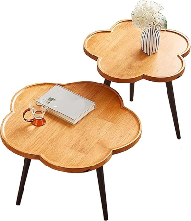 SCAUNE SI MESE - Set măsuțe YM116 metal negru lemn maro – formă de floare, 60x60 cm