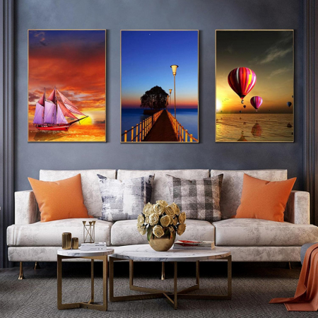 TABLOURI - Tablou 50x70 Orizonturi - Set 3 tablouri cu peisaje vibrante și rame aurii