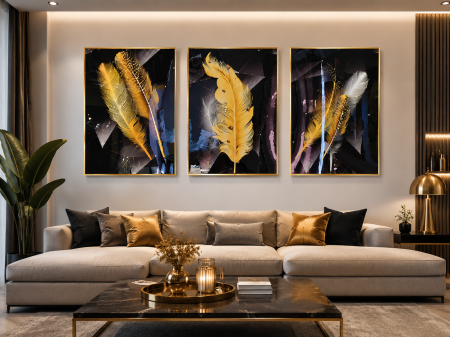 TABLOURI - Tablou 50x70 Pene - Set de 3 tablouri elegante cu rame aurii