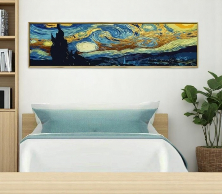 TABLOURI - Tablou decorativ abstract 40x150 cm – Albastru, Bleu și Auriu, ramă aurie