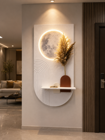 PROMOTII - Tablou Decorativ LED Pământ, lemn alb texturat, poliță minimalistă și iluminare ambientală