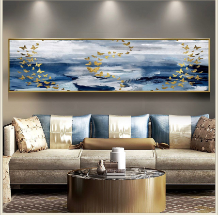 TABLOURI - Tablou decorativ 40x150 cm – Fluturi aurii deasupra mării, ramă aurie