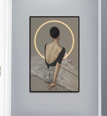 TABLOURI - Tablou LED 80x120 cm – Balerină cu aură luminoasă, ramă neagră