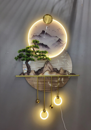 Tablou LED „Insula”, decor 3D cu bonsai, metal auriu și iluminare ambientală [1]