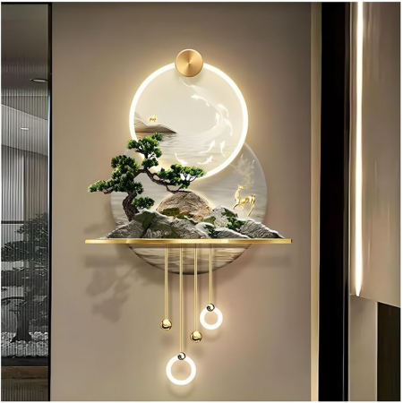 TABLOURI - Tablou LED „Insula”, decor 3D cu bonsai, metal auriu și iluminare ambientală