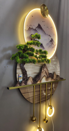 Tablou LED „Insula”, decor 3D cu bonsai, metal auriu și iluminare ambientală [2]