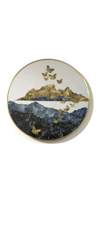 Tablou rotund 80 cm cu fluturi aurii și peisaj montan, decor modern [1]