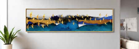 Tablou decorativ 40x150 cm – Zbor de păsări aurii, ramă aurie [1]