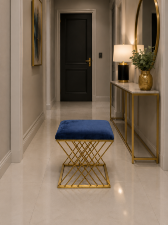 TABURETE - Taburet ZW025-100 S Catifea Albastră cu Cadru Metalic Auriu Modern