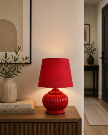 VEIOZE SI LAMPADARE - Veioză 14502 ceramică cu abajur textil, bleu, roșu și portocaliu, 29 cm, E27