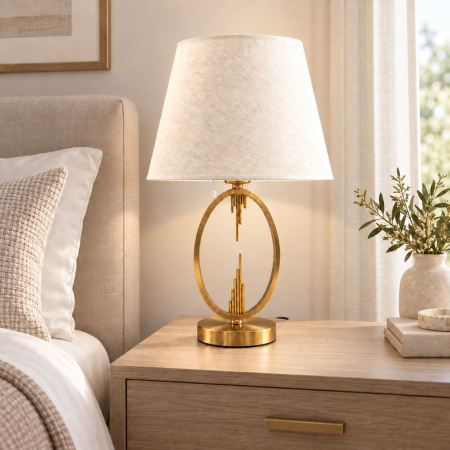 VEIOZE SI LAMPADARE - Veioză 8101 din metal auriu cu abajur crem texturat