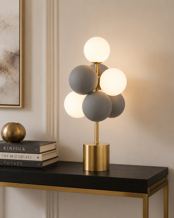 VEIOZE SI LAMPADARE - Veioză Modernă 8523/3+4 cu 7 Globuri Alb Mat și Gri Catifelat, Metal Auriu Satinat