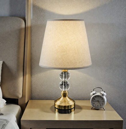 VEIOZE SI LAMPADARE - Veioză A 20279 aurie din metal și sticlă cu abajur textil crem, design cu sfere, H 40 cm