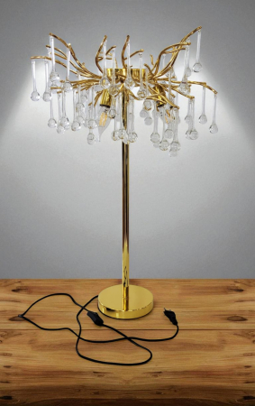 VEIOZE SI LAMPADARE - Veioză decorativă 6113, 3 becuri E14, metal auriu și sticlă tip cristal, H70 cm