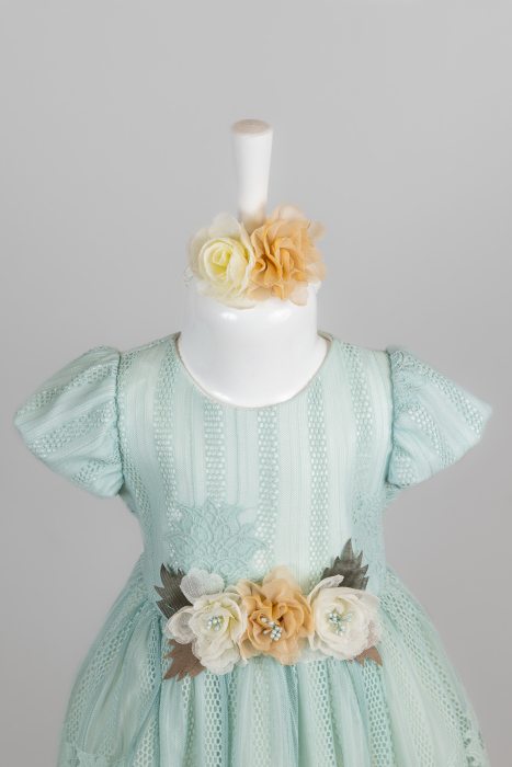 Rochie elegantă cu mânecă scurtă, aspect dantelat și aplicații florale, verde mentă, 3 piese [2]