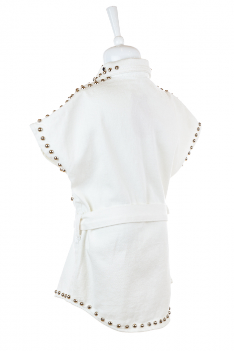 Rochie chic din denim, albă cu capse și perle [3]