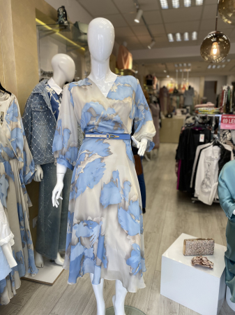 Rochii dama elegante - Rochie satin- bej cu bleu