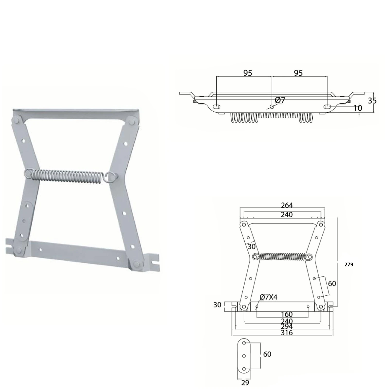 Mecanism ridicare canapea VG tip foarfecă cu arc – pentru ladă depozitare H 279 mm / H 228 mm [3]