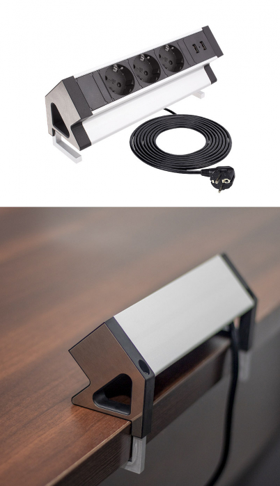 Sistem Desk Box cu 3 prize Schuko și 1 port încărcător USB dublu tip A [3]
