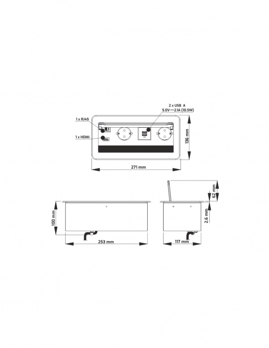 Sistemul  încorporabil Desk Inbox cu 2 prize Schuko, 1 port încărcător HDMI, 1 port încărcător RJ45, 1 port încărcător USB tip A [7]