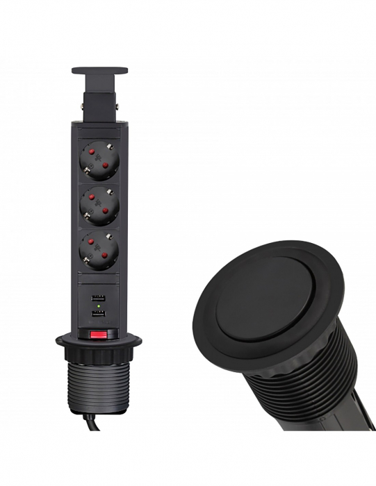 Sistem  încorporabil Lift Box USB tip turn  retractabil cu 3 prize Schuko și 2 porturi USB 2.1A/5V [1]