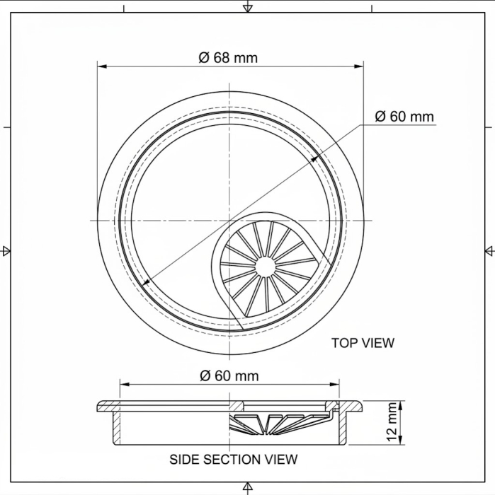 Trecere cabluri metalică cu capac Ø68 mm pentru birou și mobilier [3]