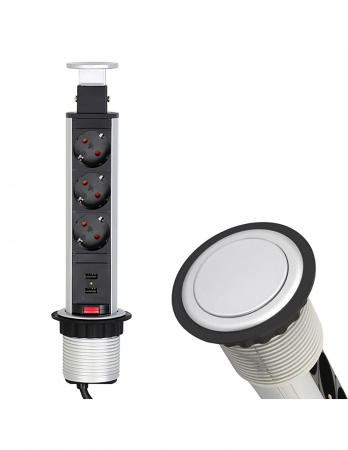 Prize Incorporabile in mobilă - Sistem  încorporabil Lift Box USB tip turn  retractabil cu 3 prize Schuko și 2 porturi USB 2.1A/5V