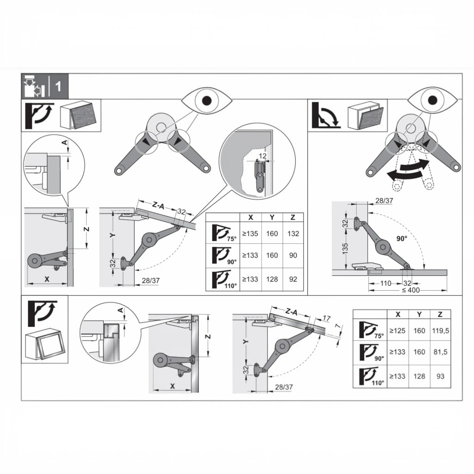 Set ridicare Kesser DUO pentru fronturi din lemn - 75°/90°/110° [3]