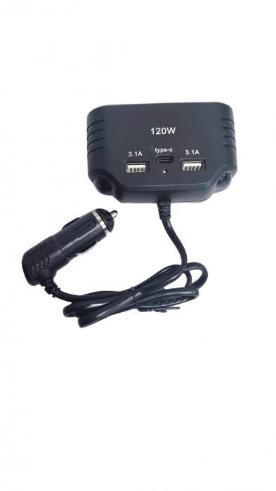 Adaptor priza auto 3 CAI cu 2 USB si 1 PD 120W 12-24V [2]