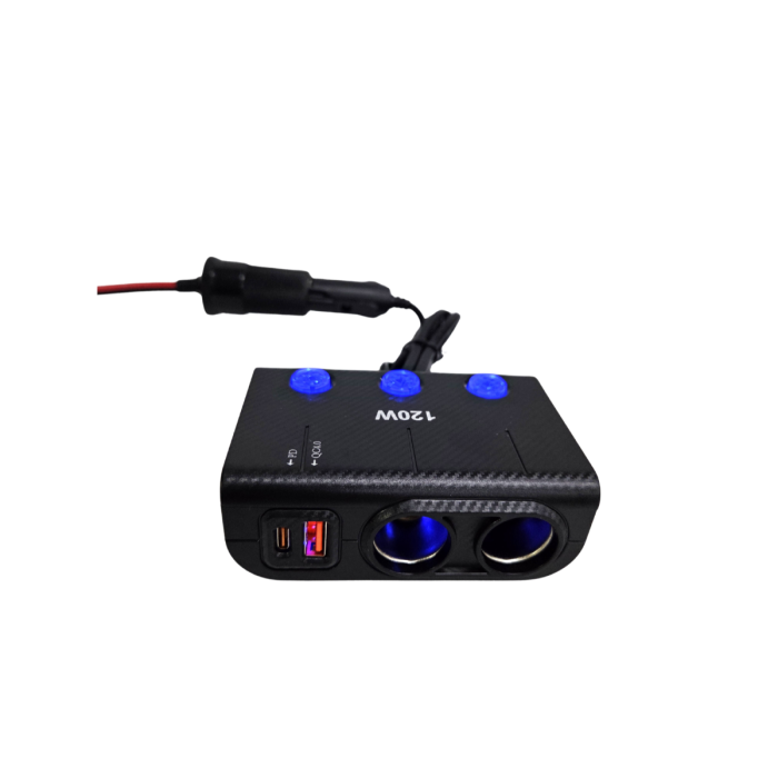 Adaptor bricheta auto triplu 120W cu intrerupatoare LED USB QC PD 12V 24V [3]