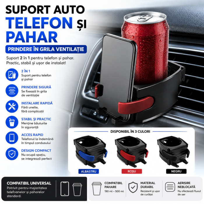 Suport auto telefon si pahar cu prindere in grila ventilatie color [1]