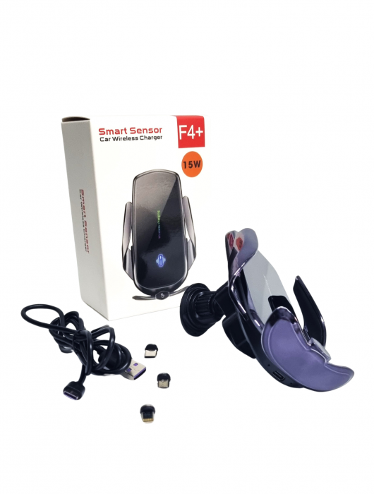 Suport Auto Telefon, Incarcare Fast Charge 15W Wireless sau cu mufe adaptoare, Senzor Inteligent + CADOU Ventilator Portabil TIP C [6]