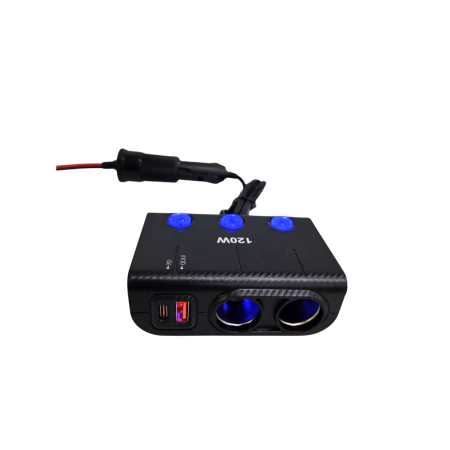 Adaptor bricheta auto triplu 120W cu intrerupatoare LED USB QC PD 12V 24V [2]