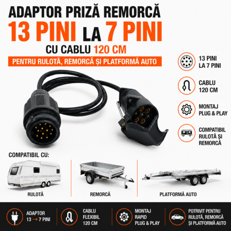 Adaptoare Bricheta Auto - Adaptor priza remorca 13 pini la 7 pini cu cablu 120 cm pentru rulota si platforma auto