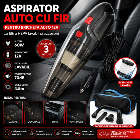 Accesorii Curatare Auto - Aspirator auto cu fir 12V pentru bricheta auto cu filtru HEPA lavabil si accesorii
