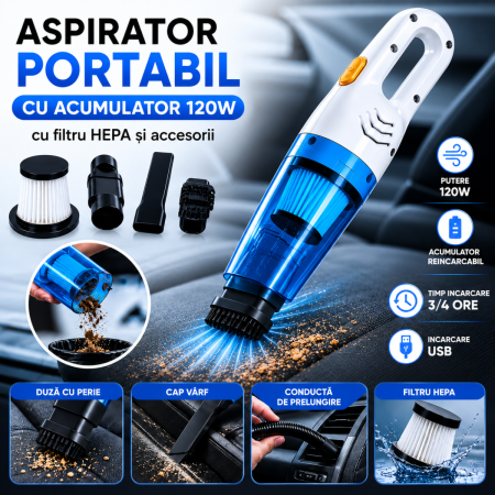 Accesorii Curatare Auto - Aspirator portabil cu acumulator 120W cu filtru HEPA si accesorii pentru auto