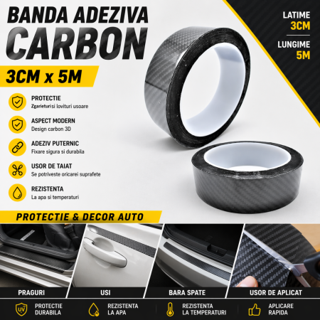 Banda Adeziva - Banda Adeziva Carbon 3cm x 5m Protectie Auto Prag Bara Usa Universal