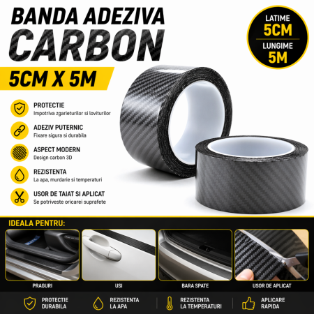 Banda Adeziva - Banda Adeziva Carbon 5cm x 5m Protectie Prag Bara Usa Auto Universal