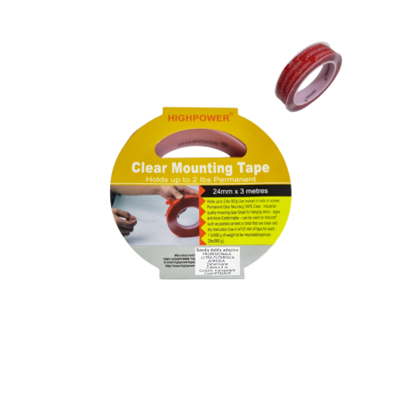 Banda Adeziva - Bandă Dublu Adezivă Transparentă HIGHPOWER, 24 mm x 3 m Ultra-Rezistentă
