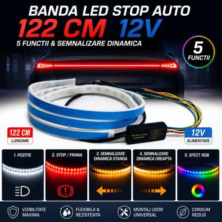 Lumini Ambientale Auto - Banda LED portbagaj 122 cm cu 5 functii si semnalizare dinamica 12V