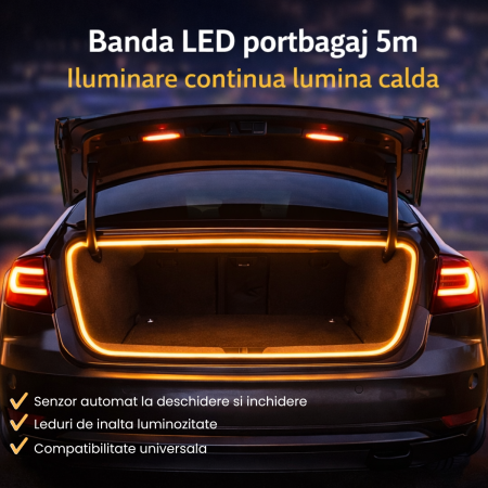 Lumini Ambientale Auto - Banda LED portbagaj auto 5m lumina calda iluminare continua tip neon 12V activare automata