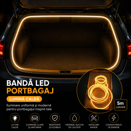 Lumini Ambientale Auto - Banda LED portbagaj auto 5m lumina calda iluminare continua tip neon 12V activare automata