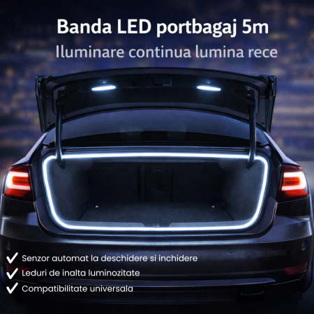 Lumini Ambientale Auto - Banda LED portbagaj auto 5m lumina rece iluminare continua tip neon 12V activare automata