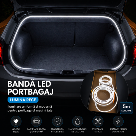 Lumini Ambientale Auto - Banda LED portbagaj auto 5m lumina rece iluminare continua tip neon 12V activare automata