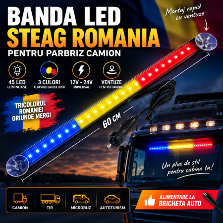 Ornamente Auto - Banda LED Steag Romania Parbriz Camion 45 LED 60 cm 12-24V