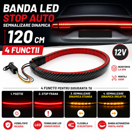 Lumini Ambientale Auto - Banda LED stop auto 120 cm cu 4 functii si semnalizare dinamica 12V