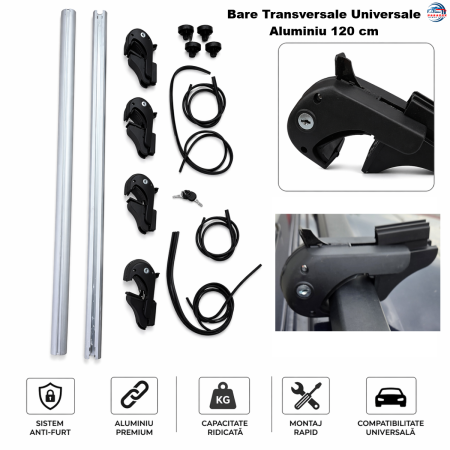 NOUTATI IN STOC - Bare transversale auto aluminiu universale cu cheie pentru bare longitudinale inaltate set 2 buc